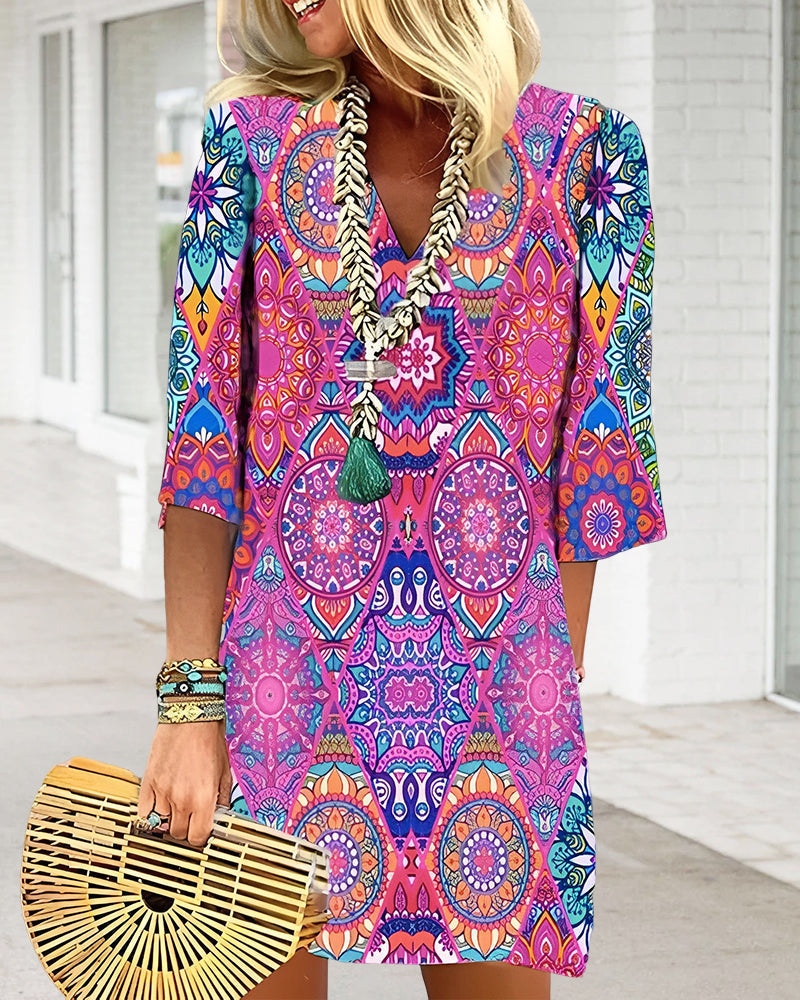 Geometric Print 3/4 Sleeve Dress