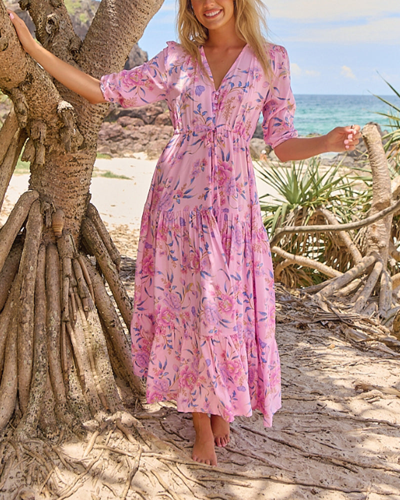 V-Neck Floral Short-Sleeved Dress