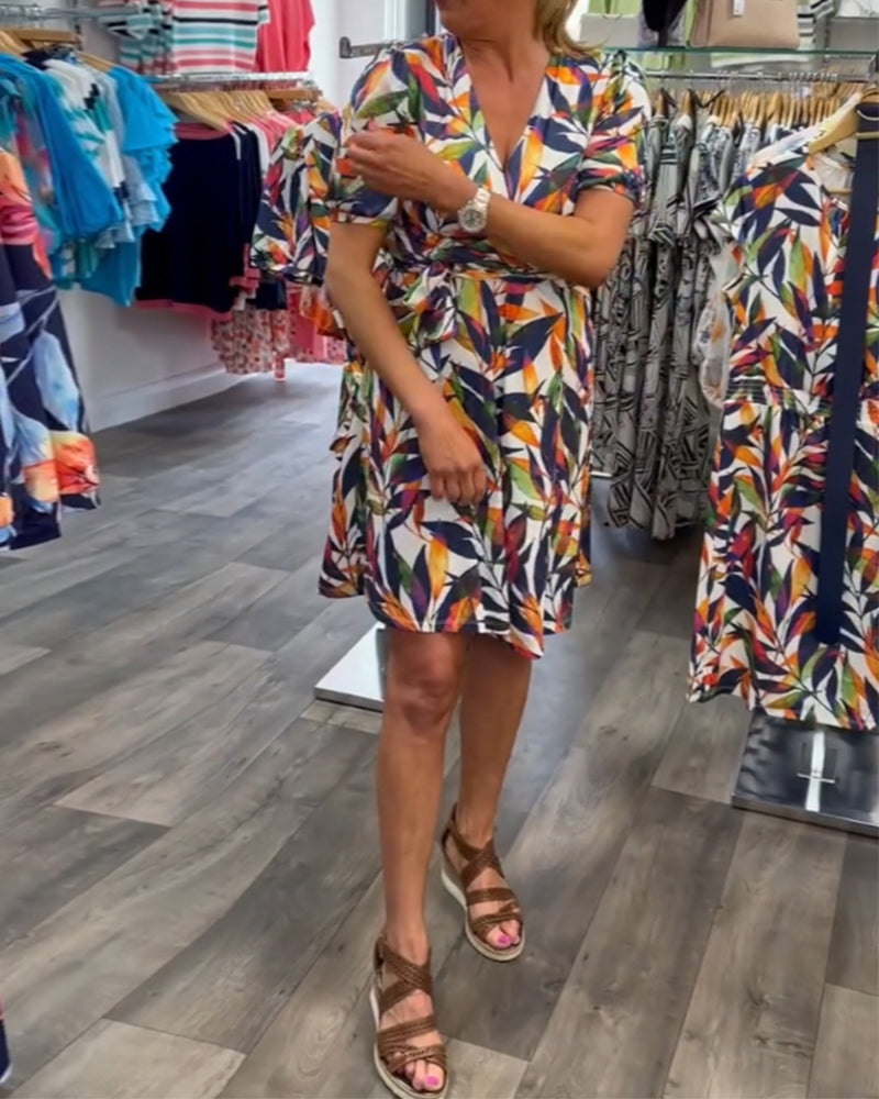 V-Neck Short Sleeve Printed Dress