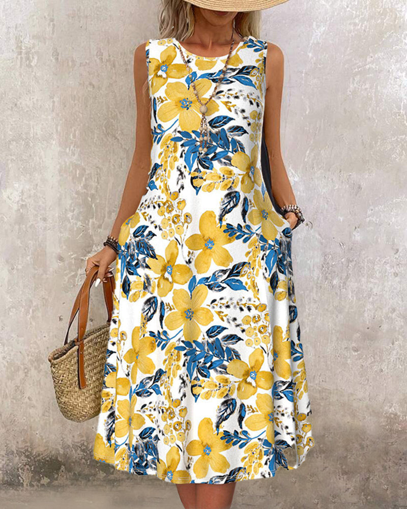 Floral print sleeveless pocket dress