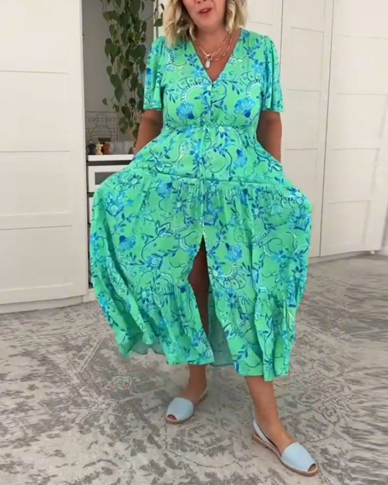 Short-sleeved pocket printed dress