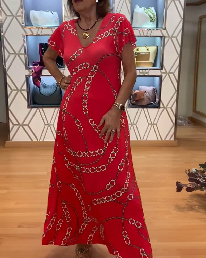V-Neck Chain Print Maxi Dress