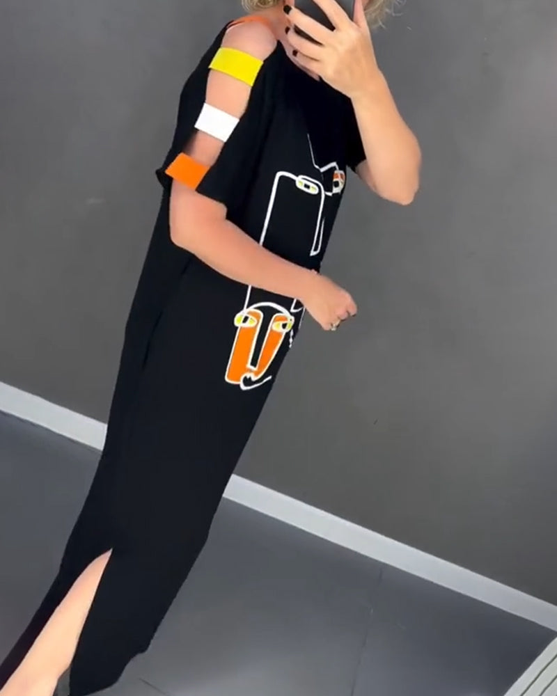 Cold Shoulder Hollow Print Slit Dress