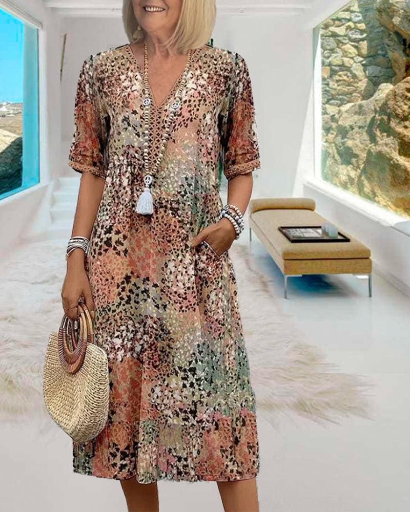 V-Neck Printed Short-Sleeved Dress