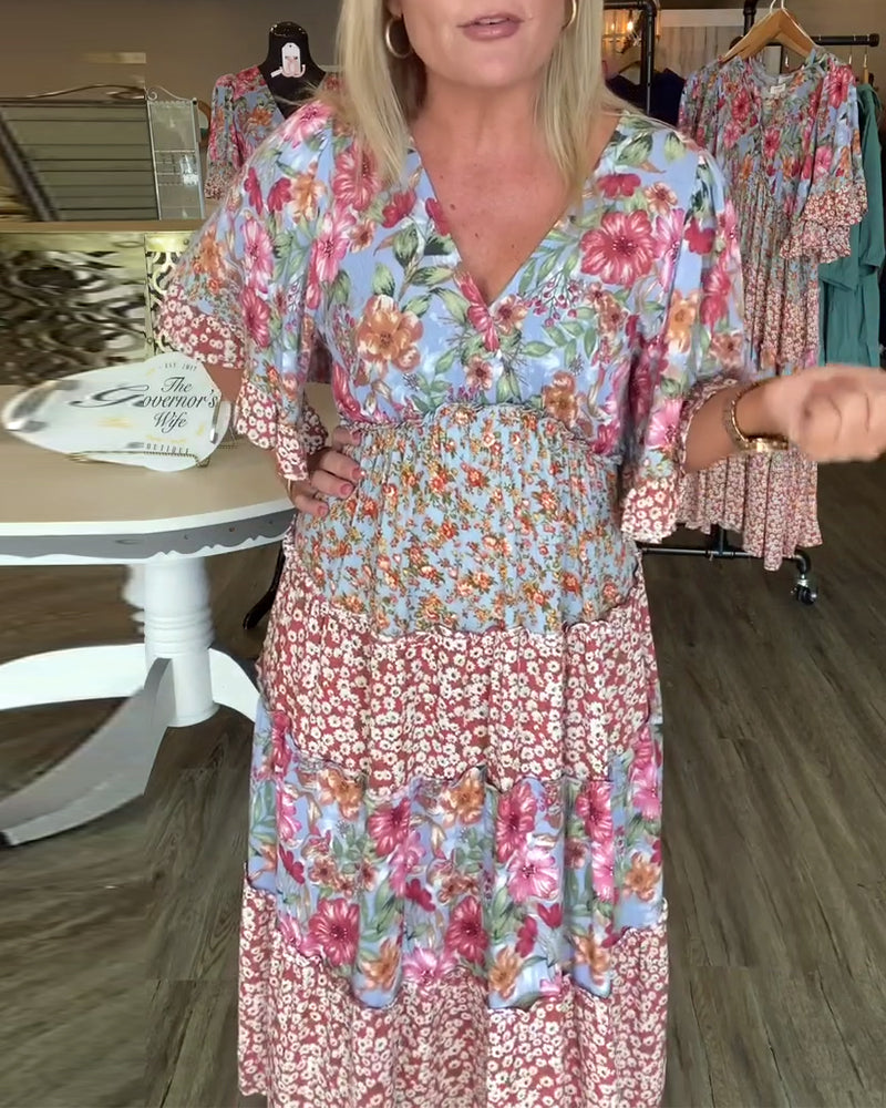 V-Neck Lotus Sleeve Floral Dress