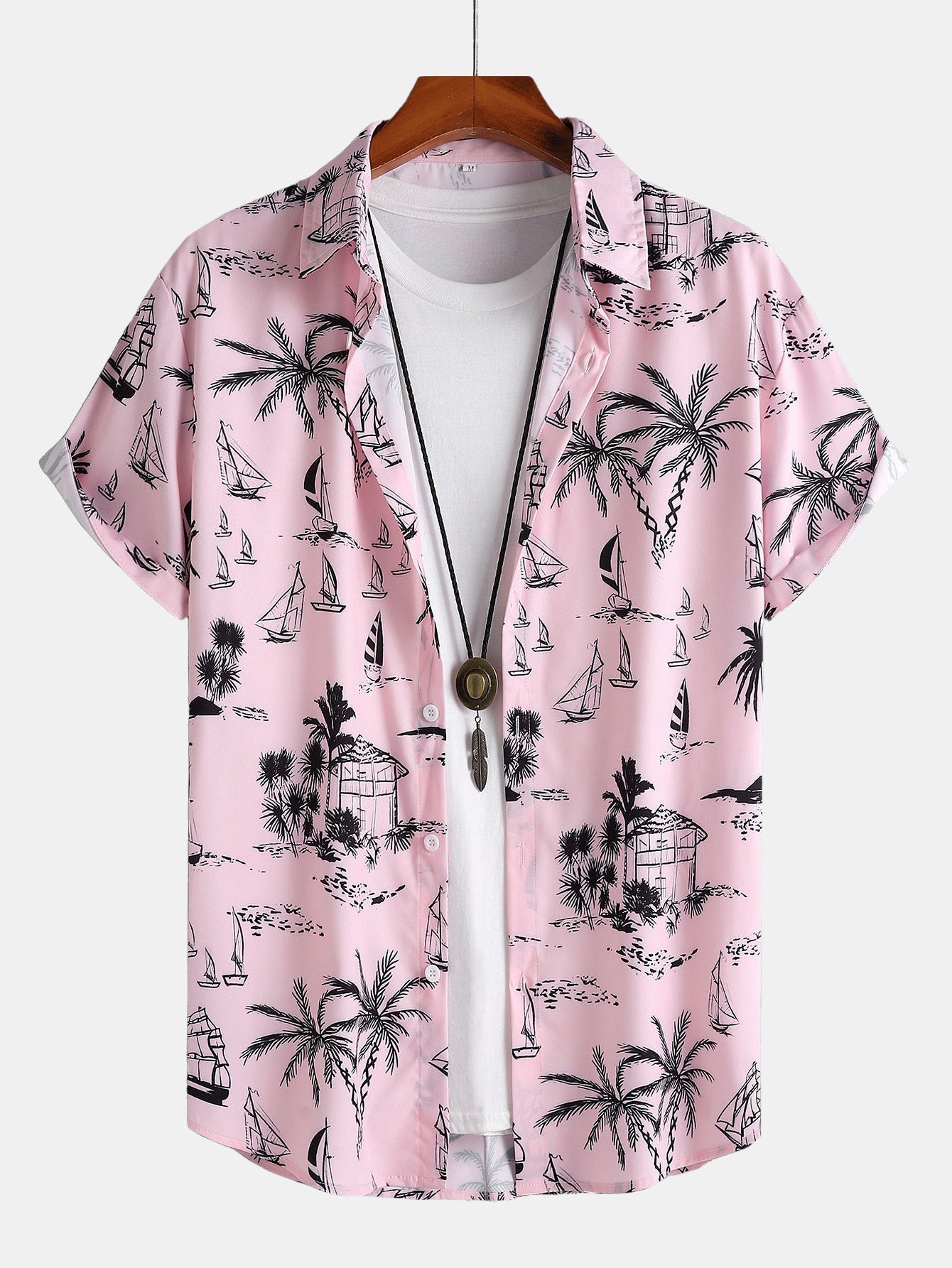 Palm Tree Sailboat Print Button Up Shirt