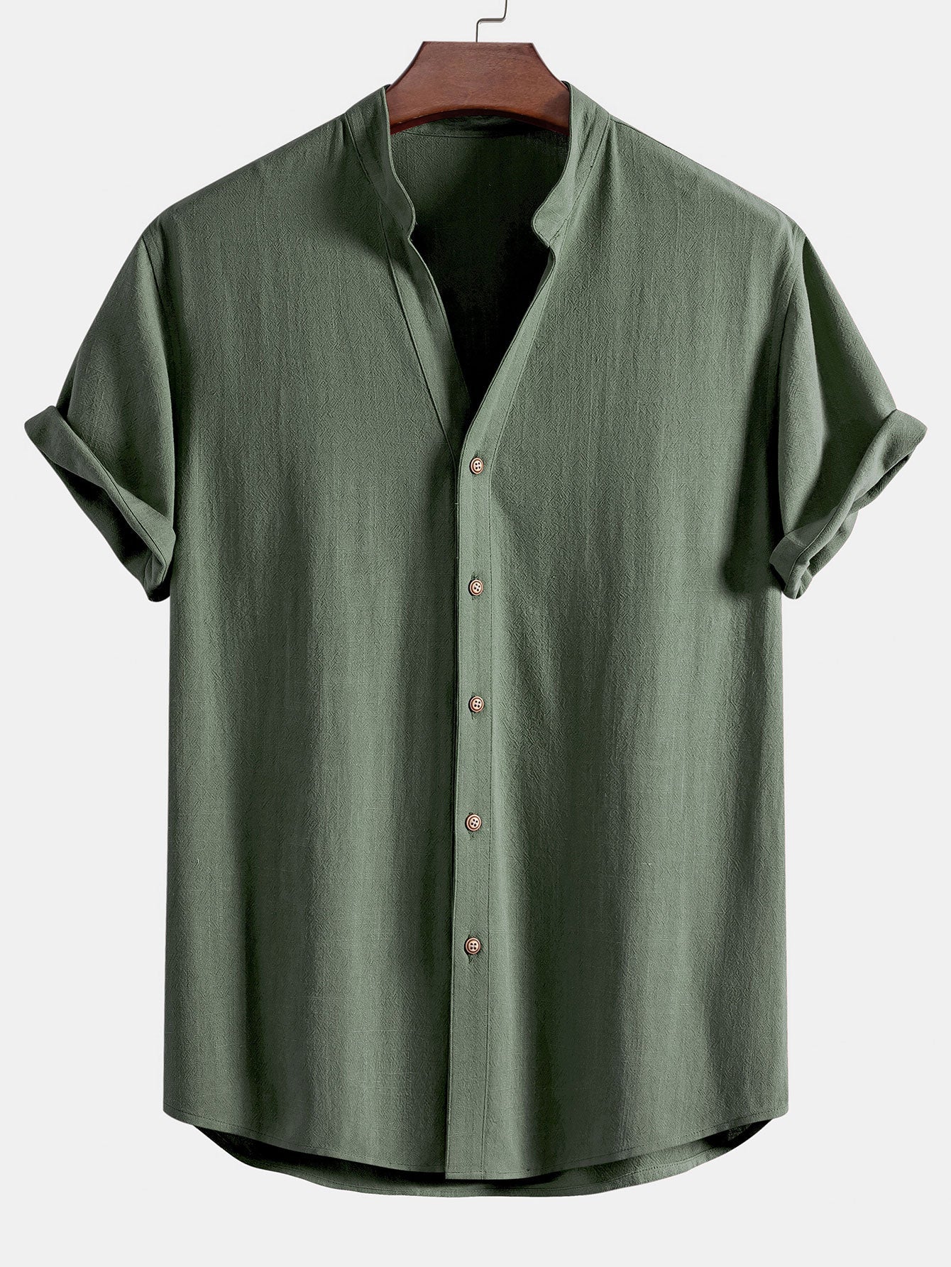 Short Sleeve V Neck Linen Rayon Blend Shirt & Wrinkle Textured Straight Leg Pants