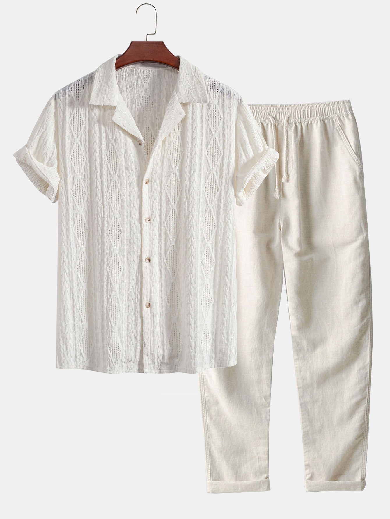 Geometric Jacquard Eyelet Cuban Shirt & Straight Leg Linen Pants