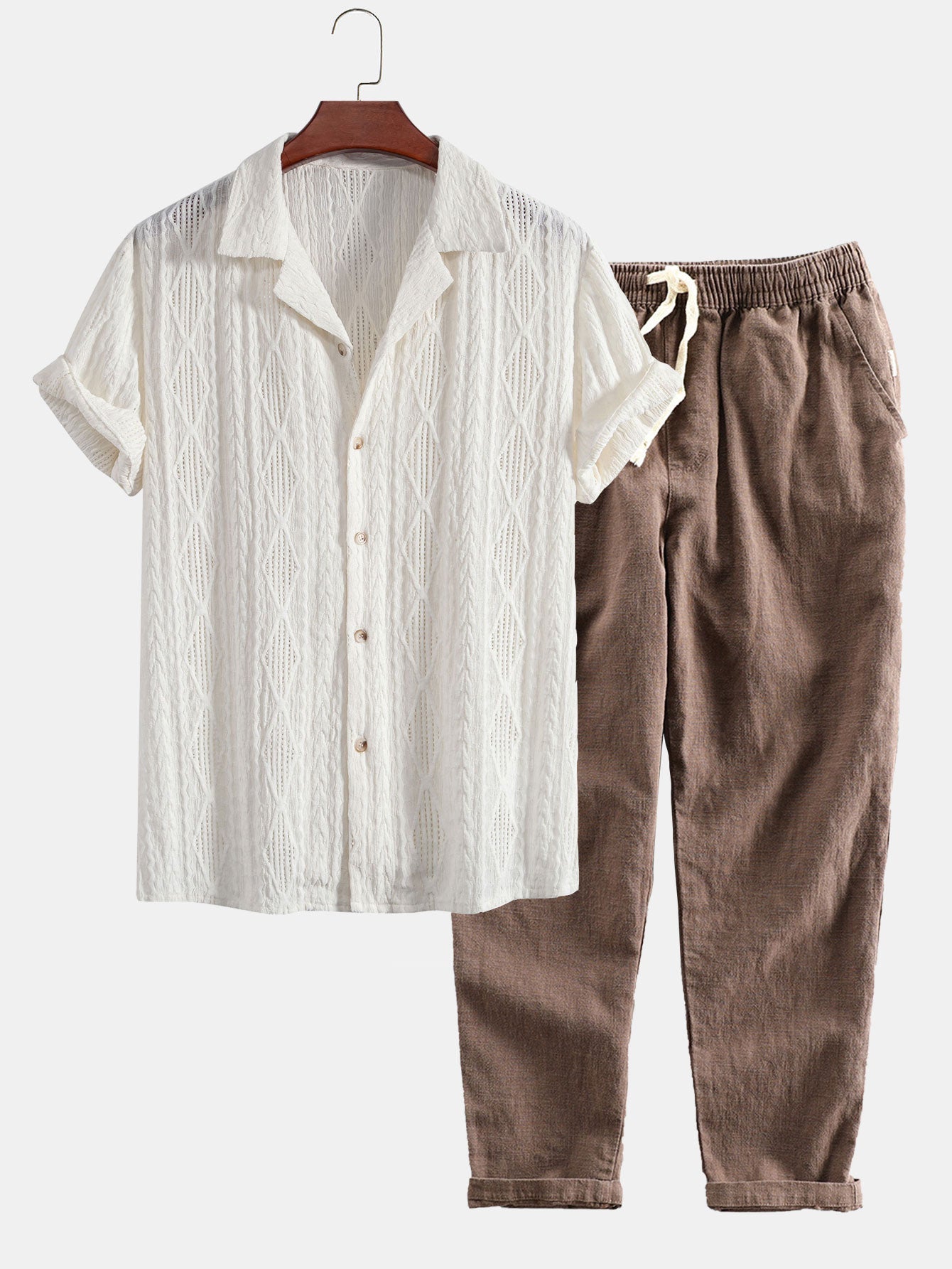 Geometric Jacquard Eyelet Cuban Shirt & Linen Cotton Blend Cropped Pants