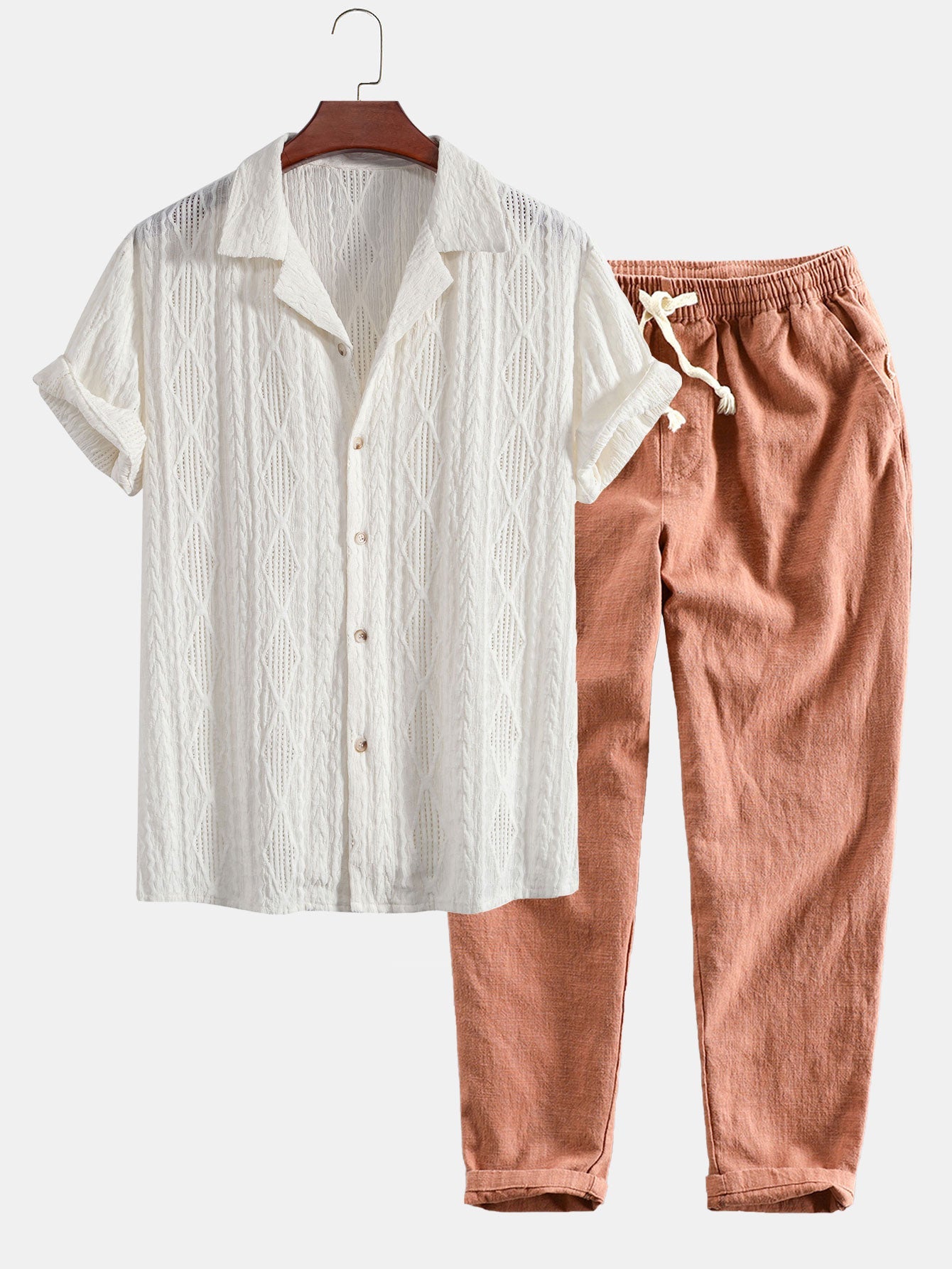Geometric Jacquard Eyelet Cuban Shirt & Linen Cotton Blend Cropped Pants