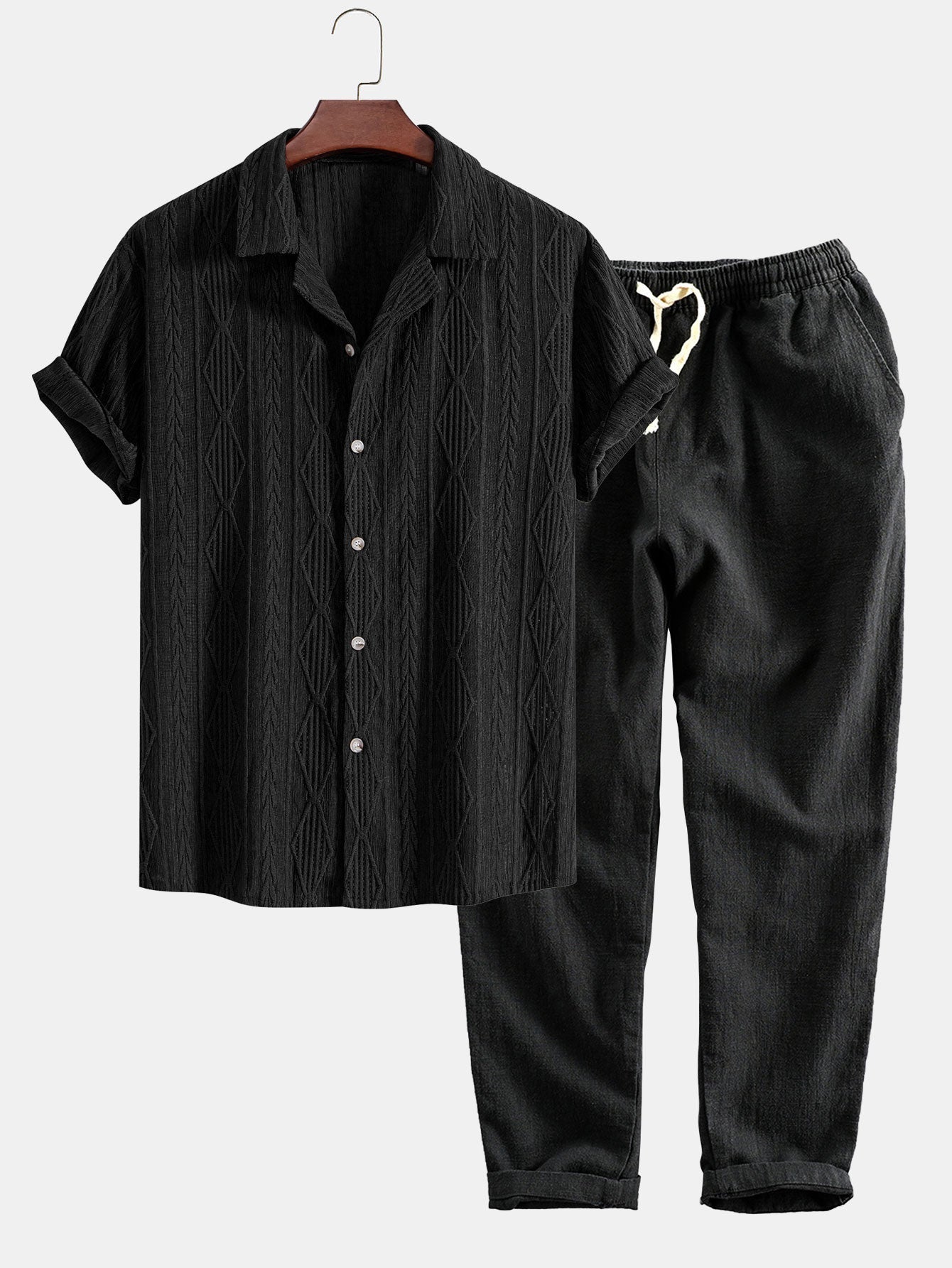 Geometric Jacquard Eyelet Cuban Shirt & Linen Cotton Blend Cropped Pants