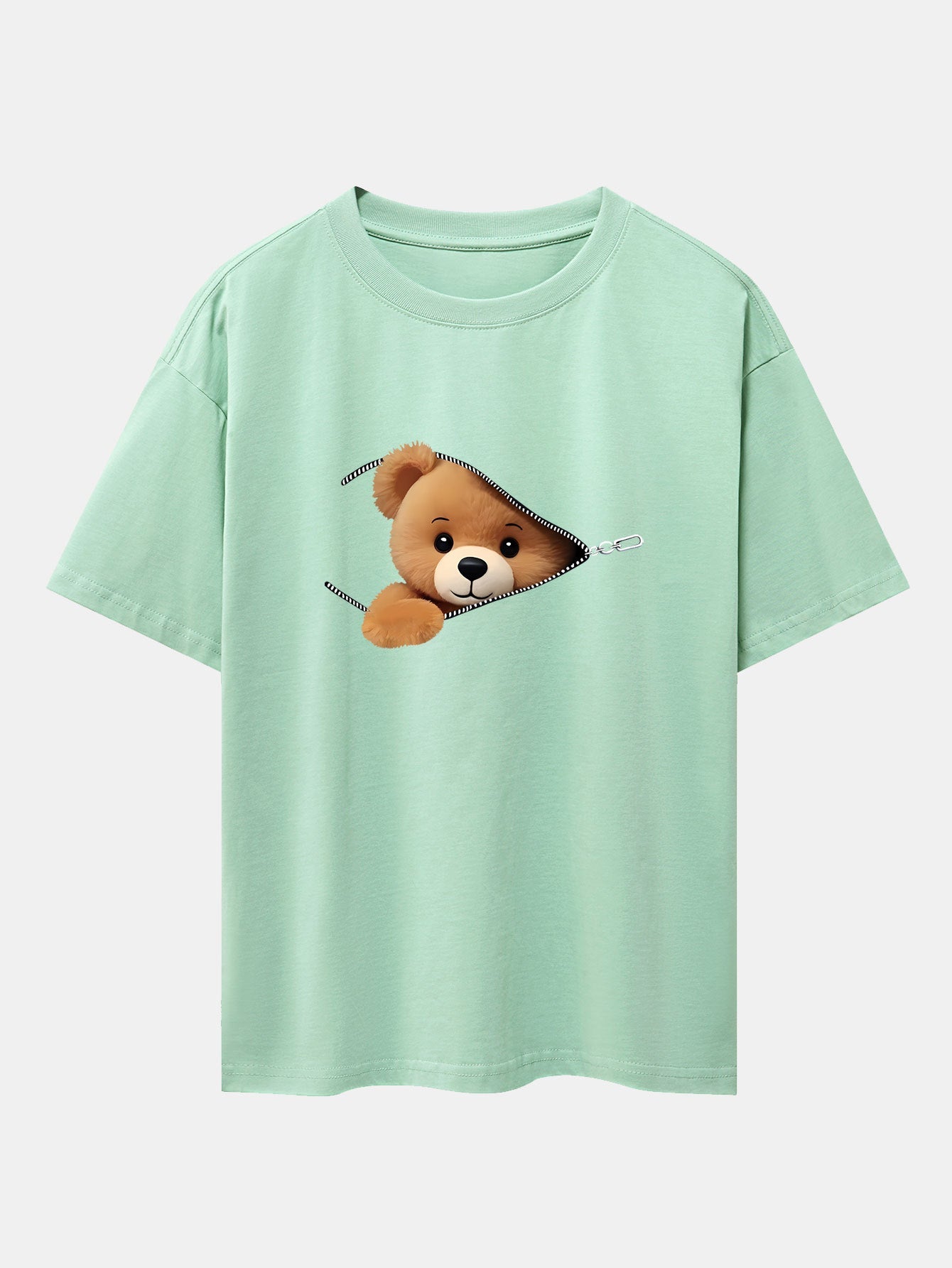 Zipper Bear Print Drop Shoulder Oversize T-Shirt