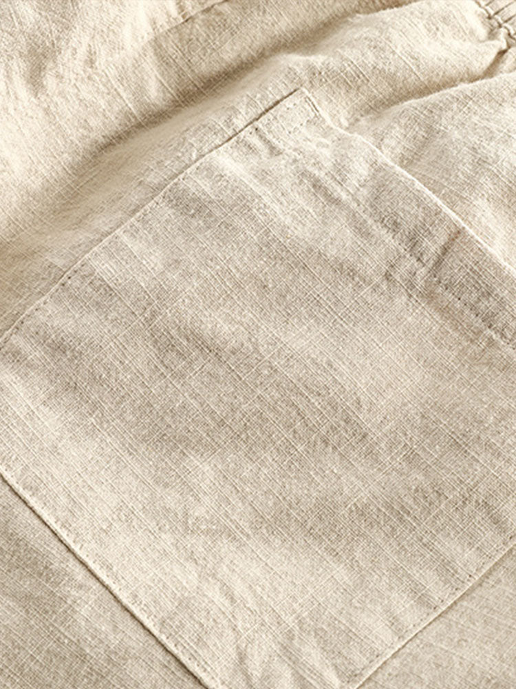 Short Sleeve V Neck Linen Rayon Blend Shirt & Linen Cotton Blend Drawstring Shorts