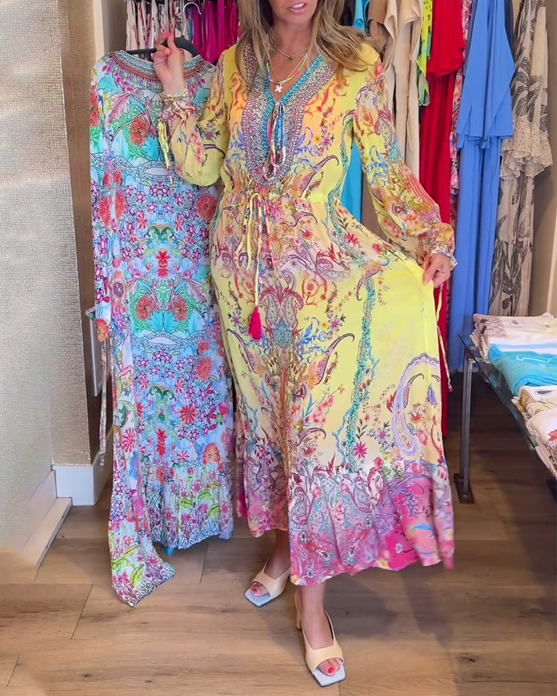 Long sleeve printed resort dress