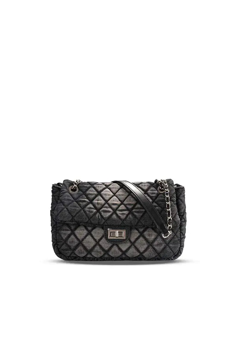 Washed Denim Quilted Chain Shoulder Bag