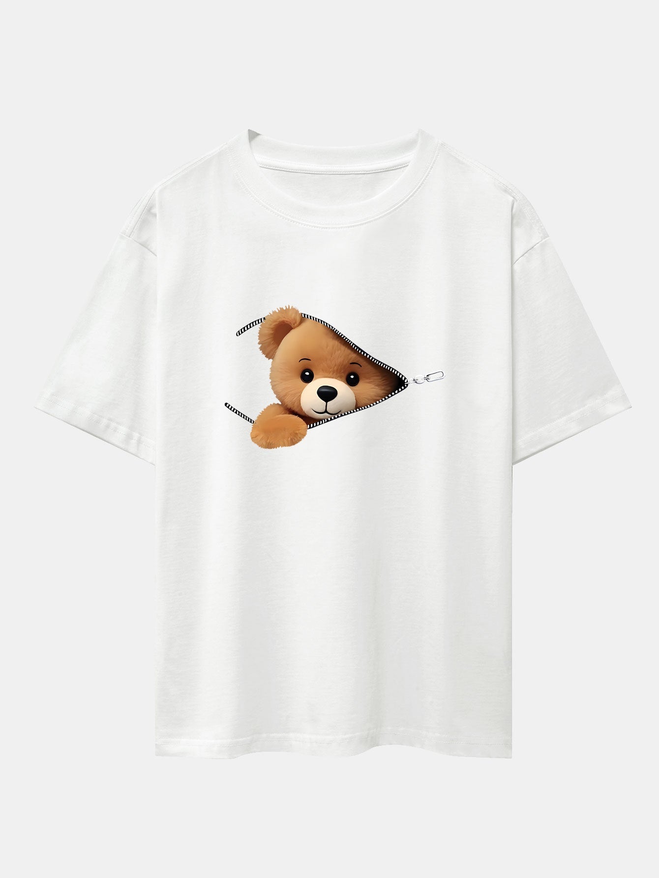 Zipper Bear Print Drop Shoulder Oversize T-Shirt