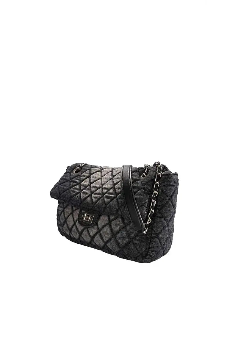 Washed Denim Quilted Chain Crossbody Bag