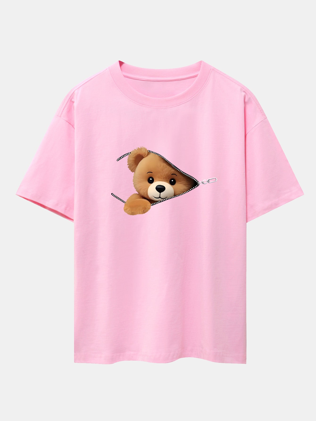 Zipper Bear Print Drop Shoulder Oversize T-Shirt