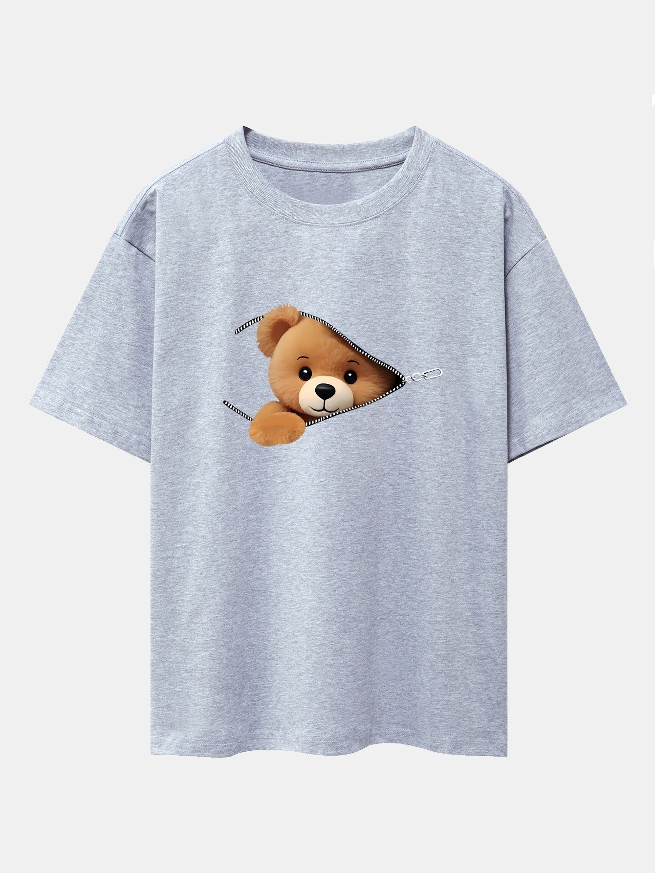 Zipper Bear Print Drop Shoulder Oversize T-Shirt