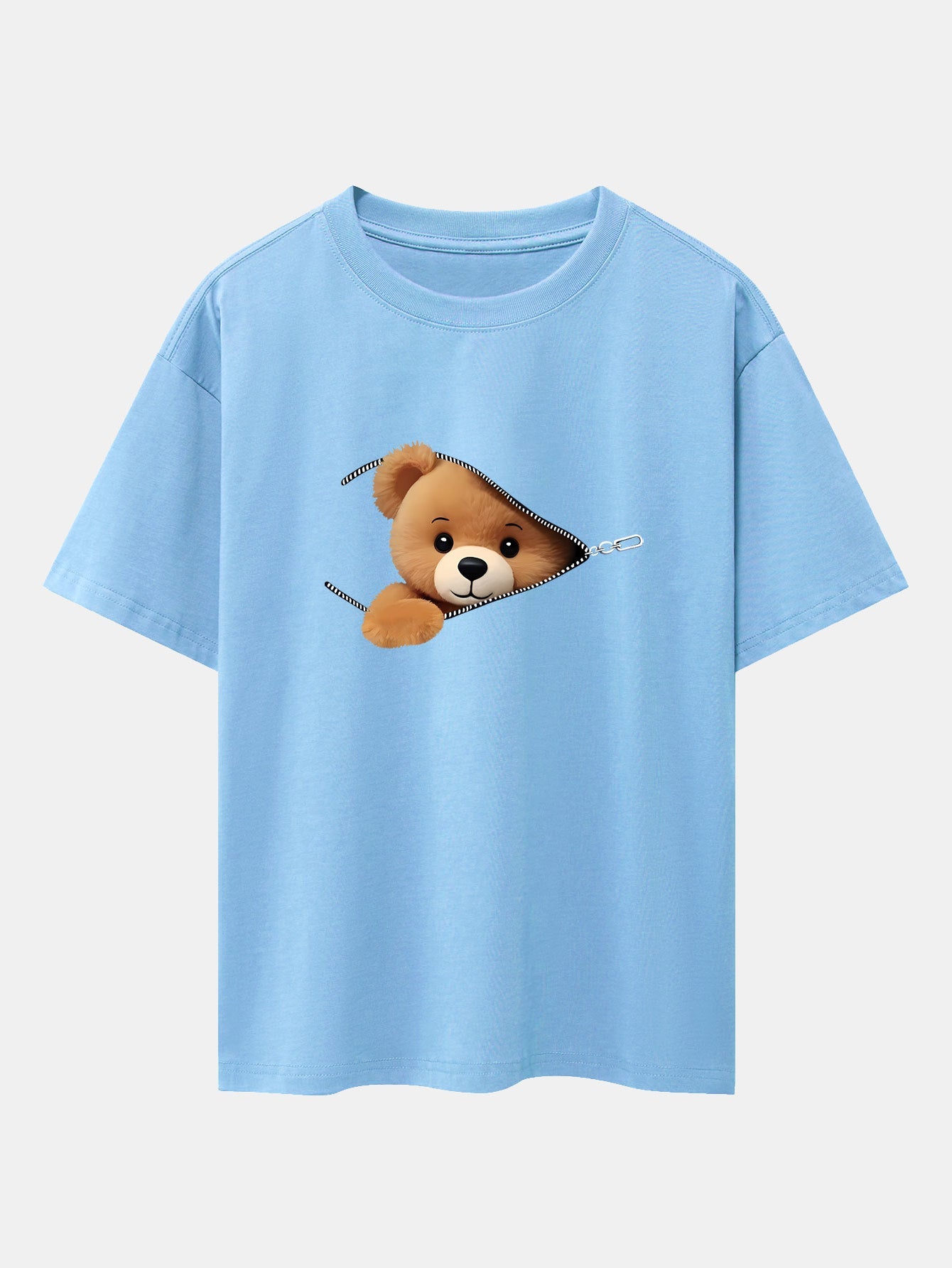 Zipper Bear Print Drop Shoulder Oversize T-Shirt