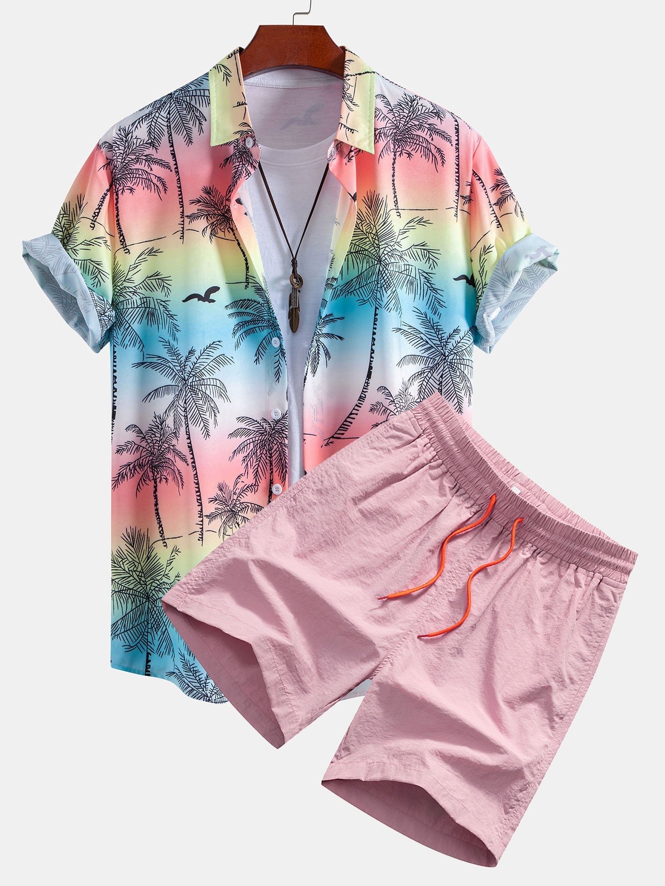 Palm Tree Seagull Print Button Up Shirt & Swim Shorts