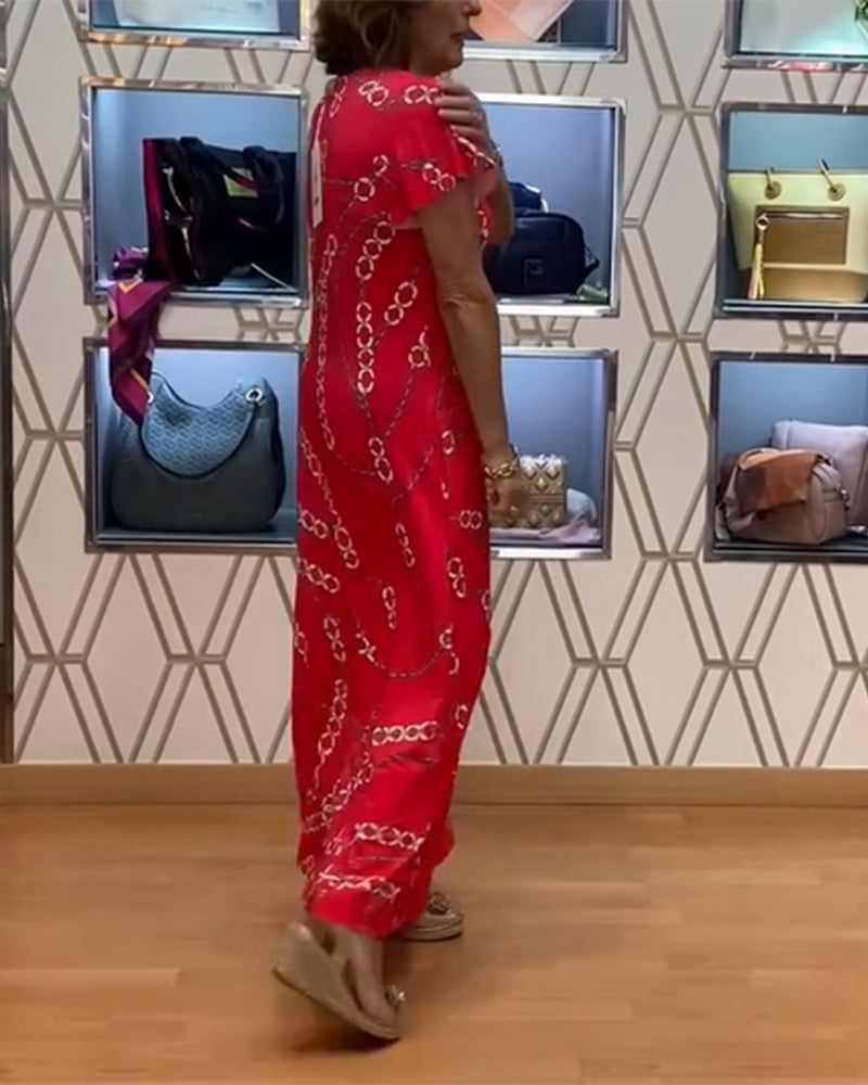 V-Neck Chain Print Maxi Dress