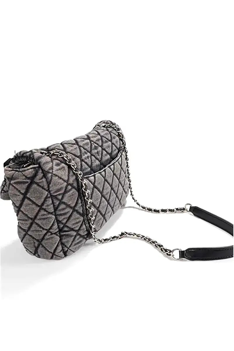 Washed Denim Quilted Chain Shoulder Bag