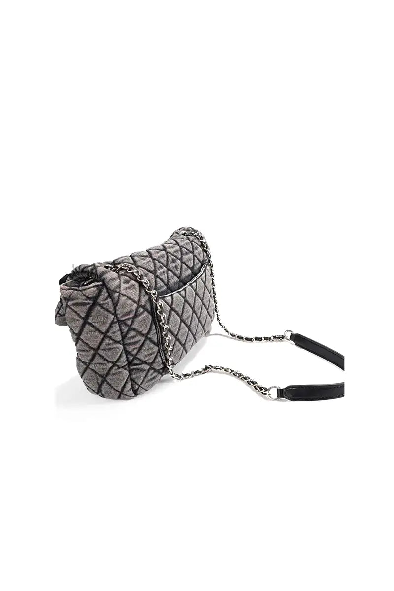 Washed Denim Quilted Chain Crossbody Bag