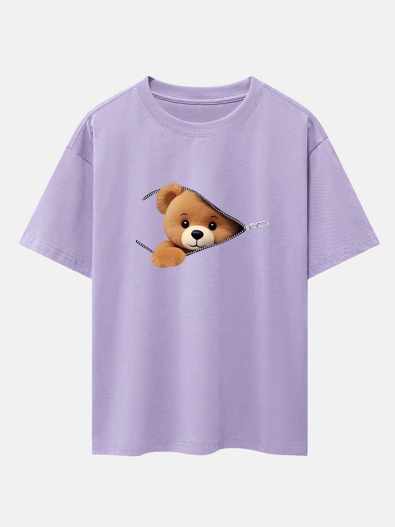 Zipper Bear Print Drop Shoulder Oversize T-Shirt