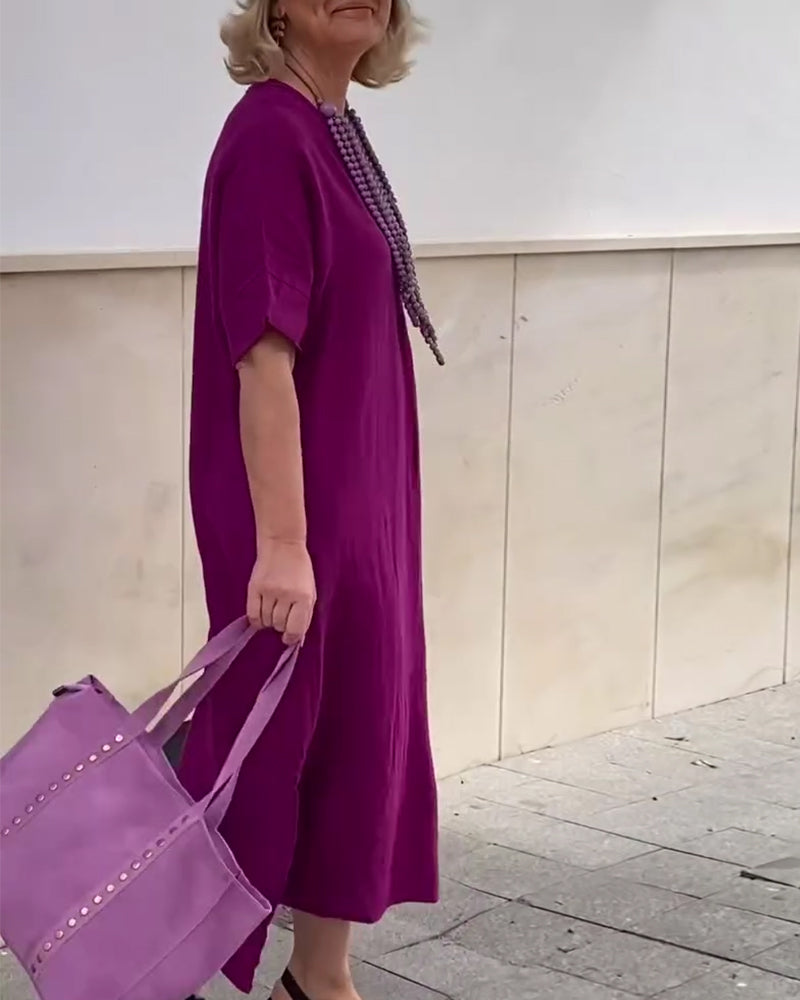 V-Neck Solid Color Simple Long Dress