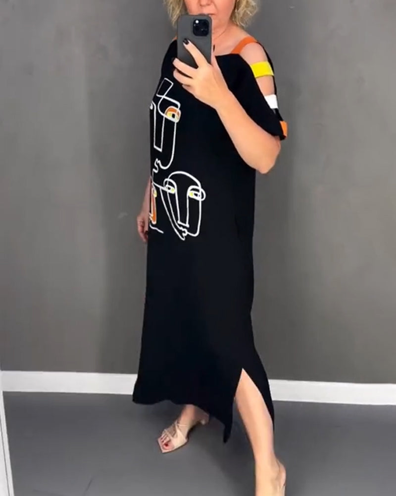 Cold Shoulder Hollow Print Slit Dress