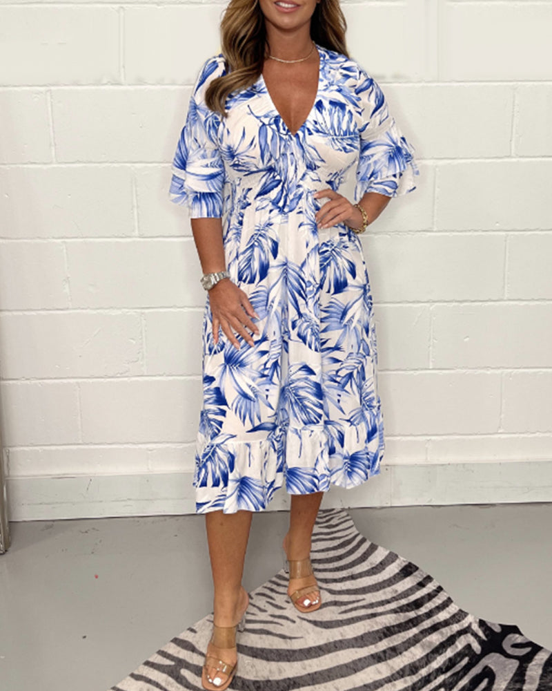 V neck leaves print dress