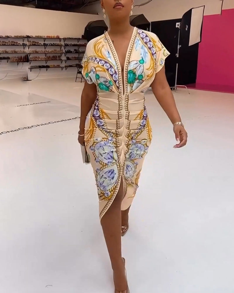 Deep V slit waist printed dress
