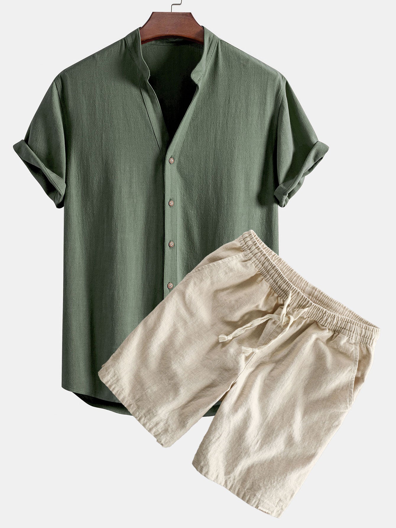 Short Sleeve V Neck Linen Rayon Blend Shirt & Linen Cotton Blend Drawstring Shorts