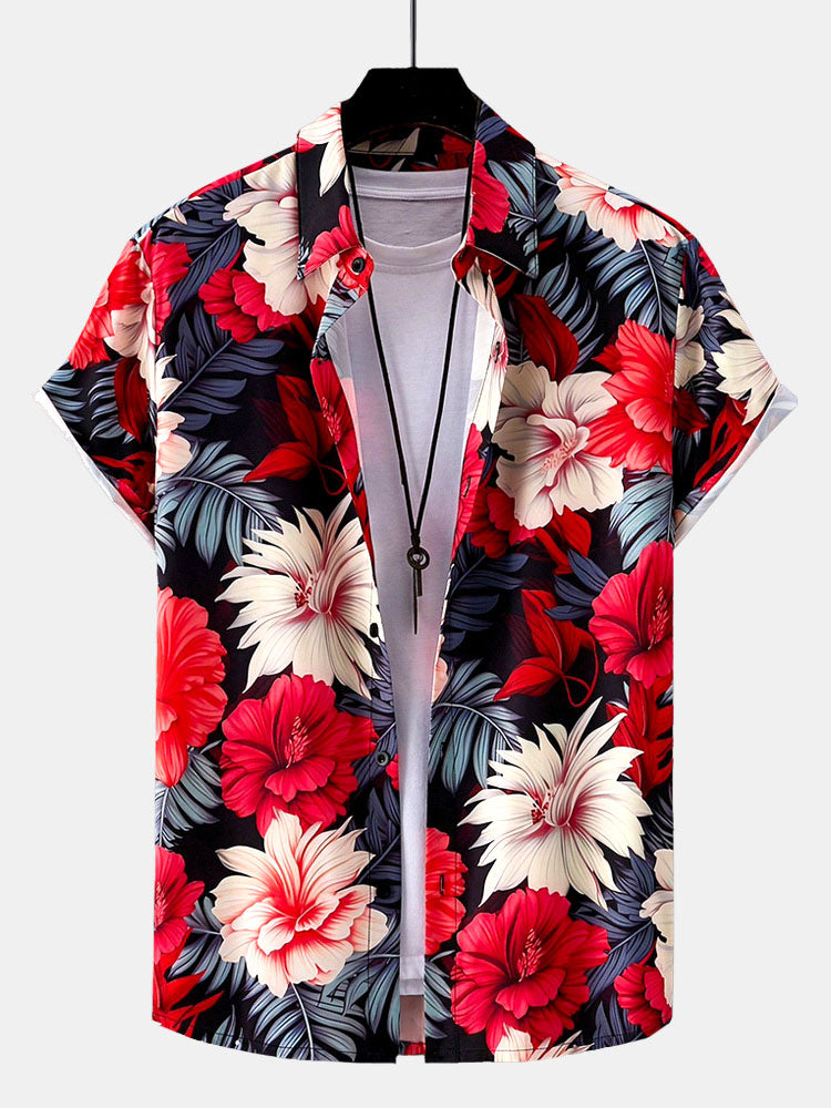 Tropical Flowers Print Button Up Shirt