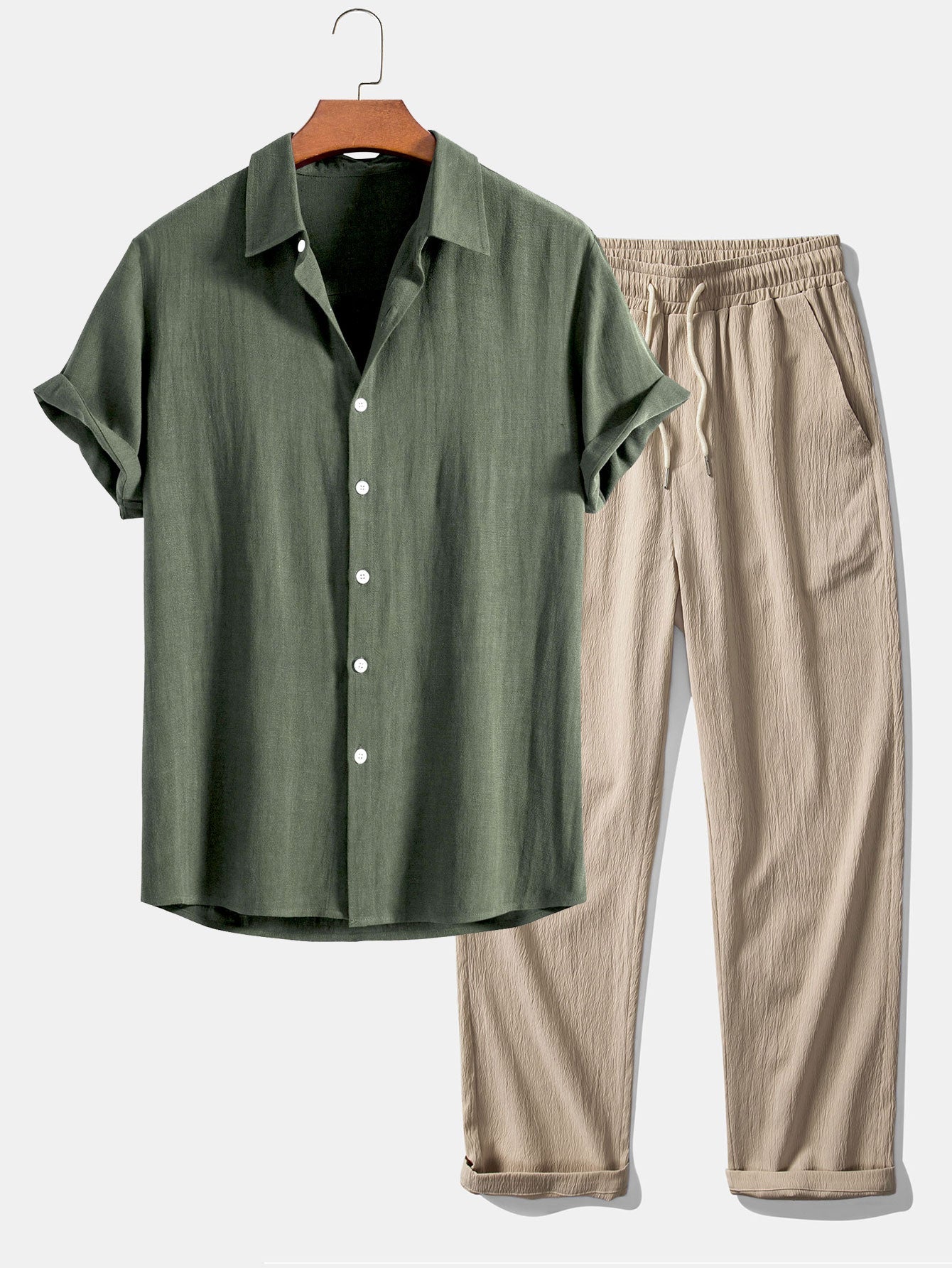 Linen Rayon Blend Button Up Shirt & Wrinkle Textured Straight Leg Pants