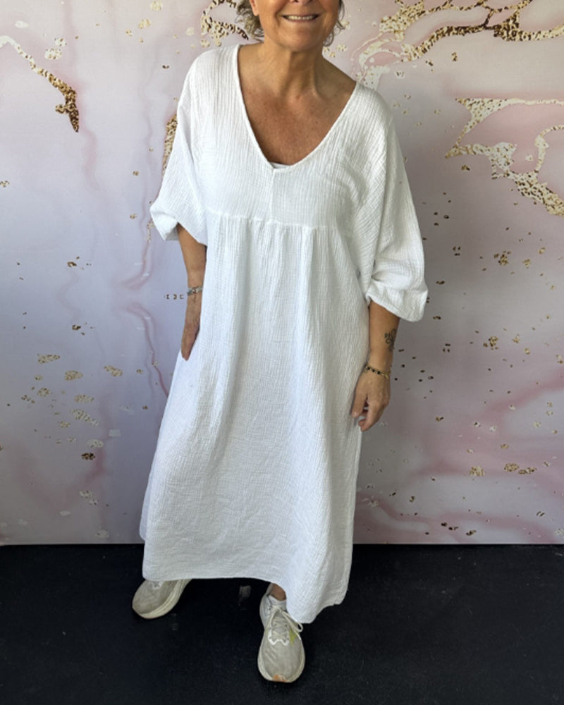 Forest Style V-Neck Pleated Solid Color Dress