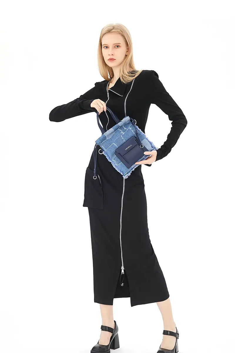 Denim Patchwork Lucky Bucket Crossbody Tote