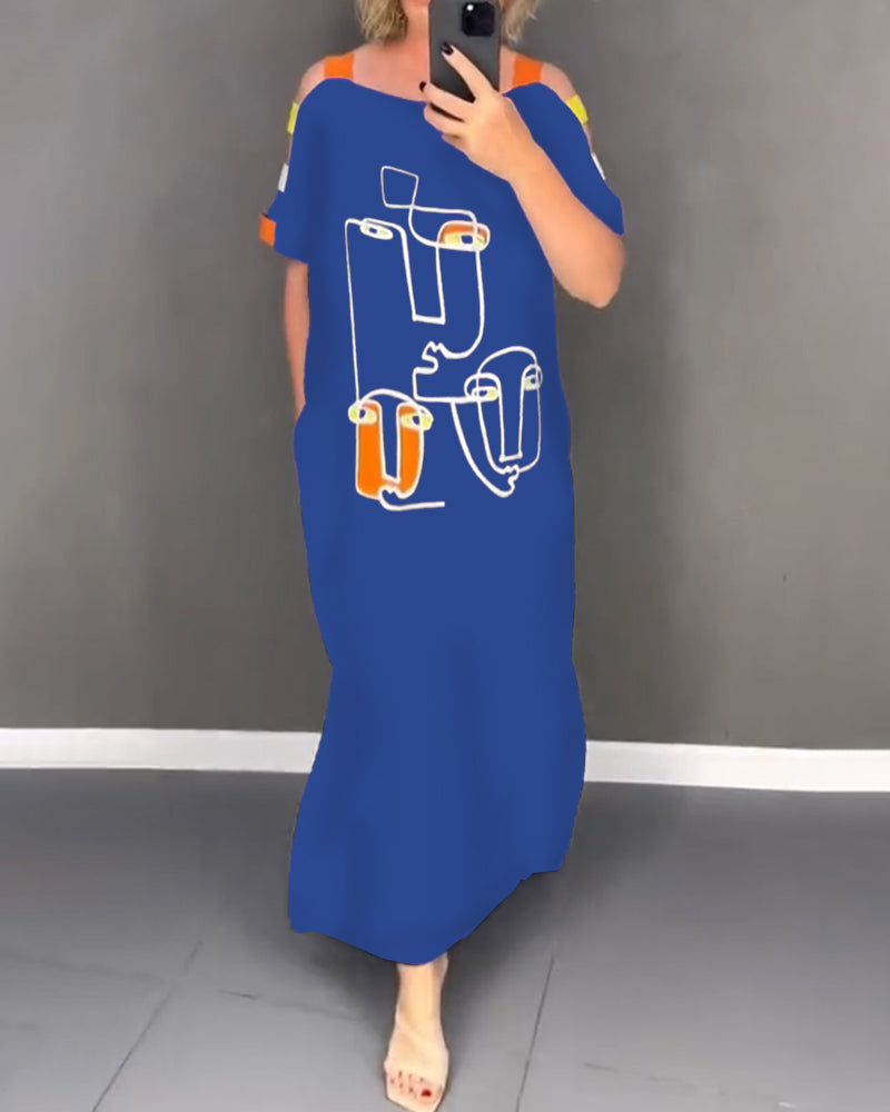 Cold Shoulder Hollow Print Slit Dress