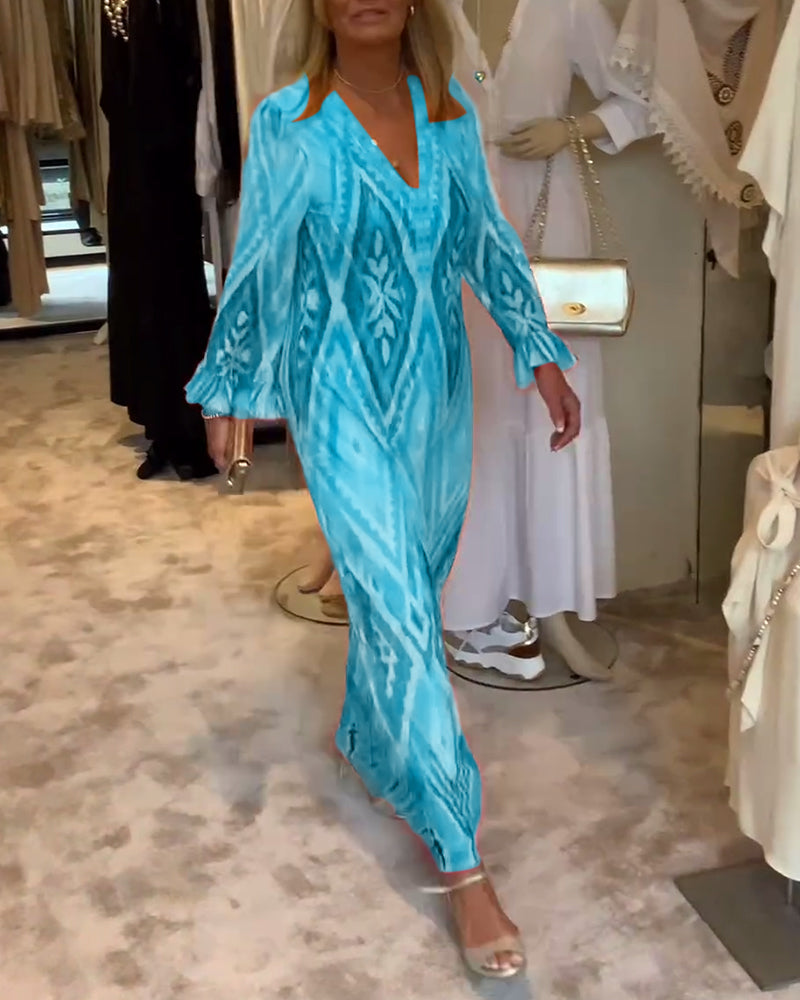 Retro geometric print deep v long sleeve dress