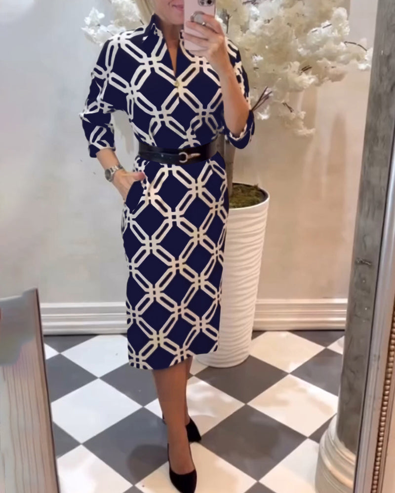 Geometric print side slit elegant dress