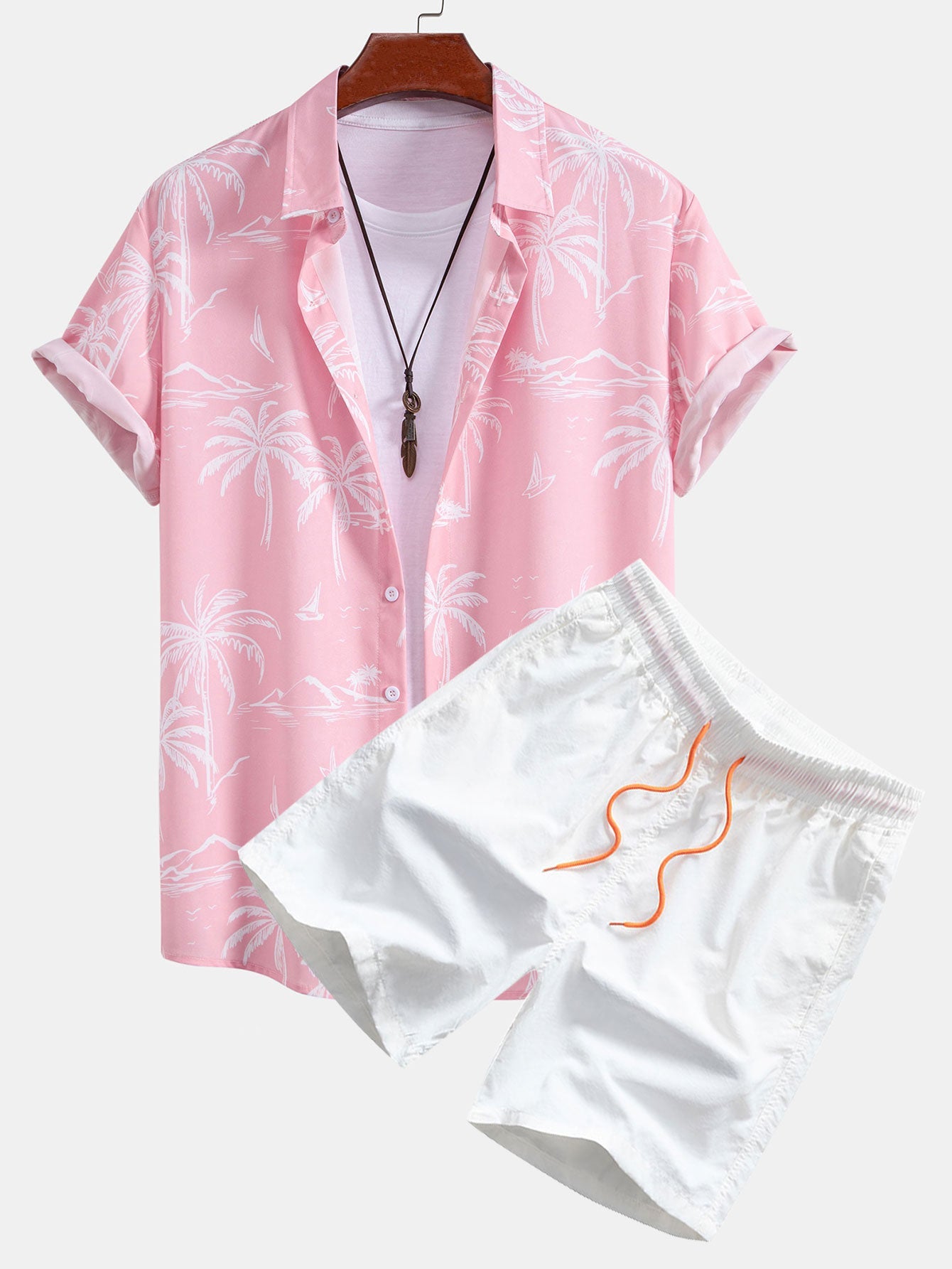 Palm Tree Island Print Button Up Shirt & Drawstring Swim Shorts