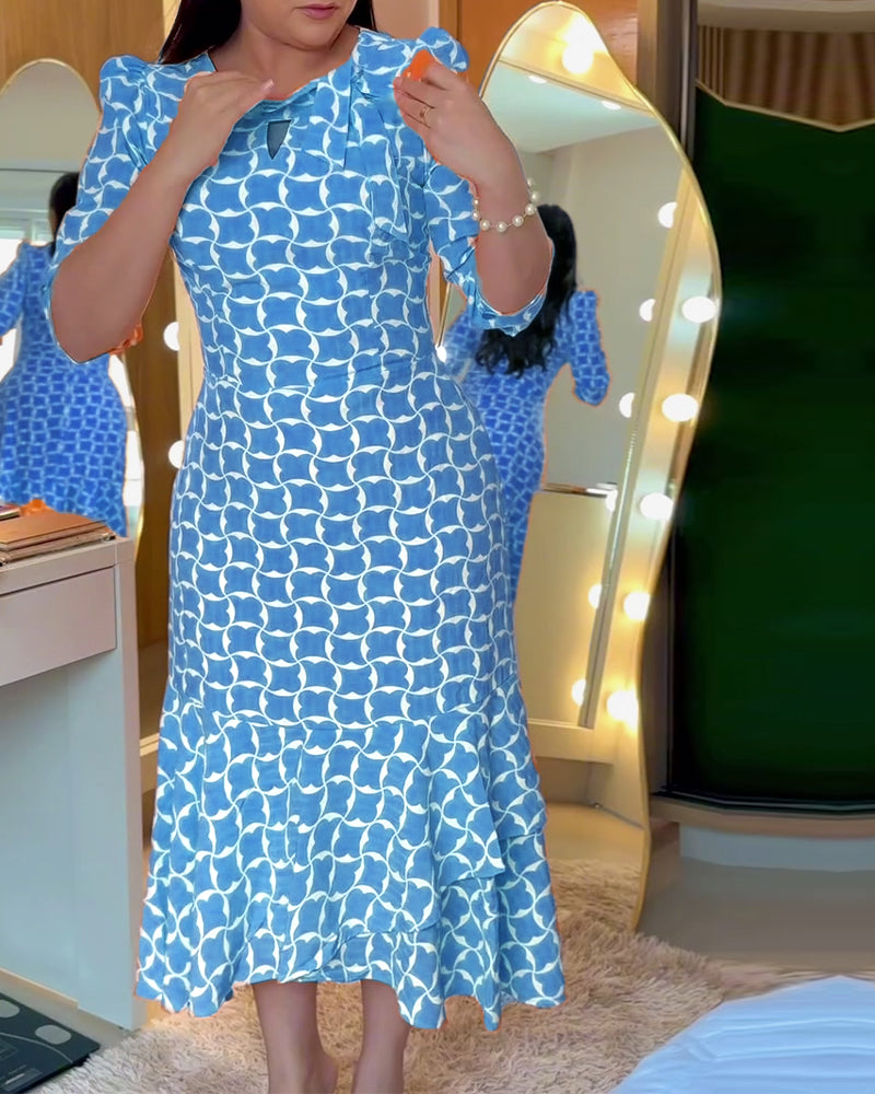 Half Sleeve Round Neck Waist Print Dress