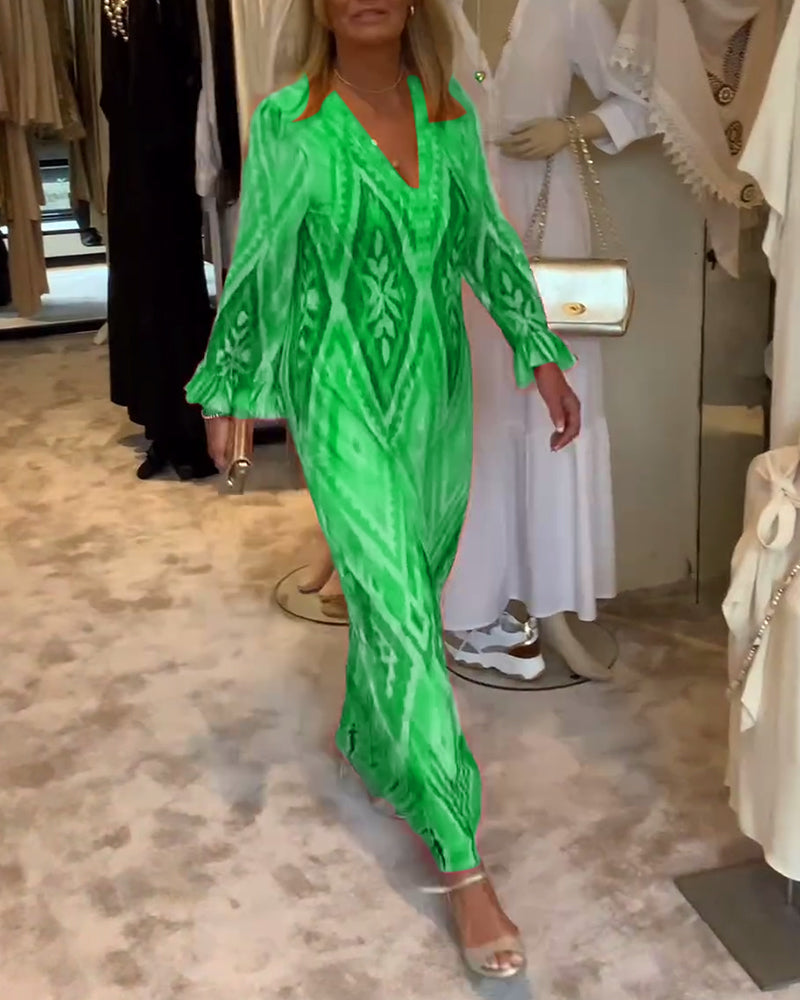 Retro geometric print deep v long sleeve dress