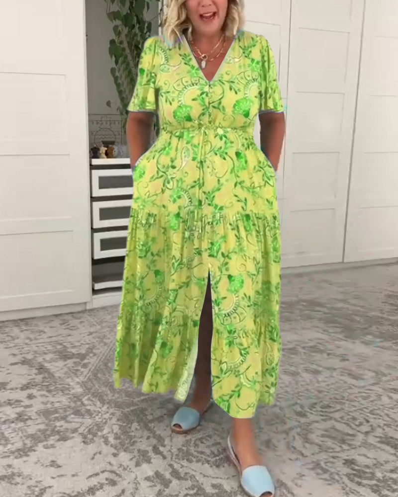 Short-sleeved pocket printed dress