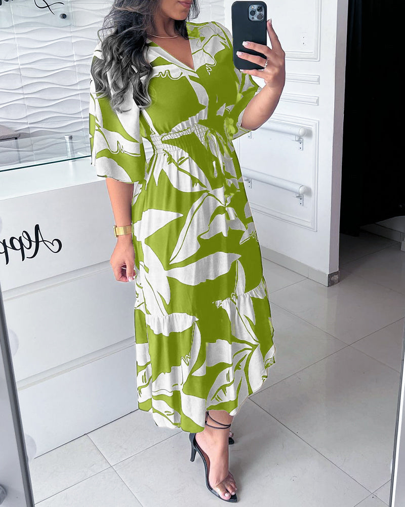 V-neck three-quarter sleeve drawstring elegant dress