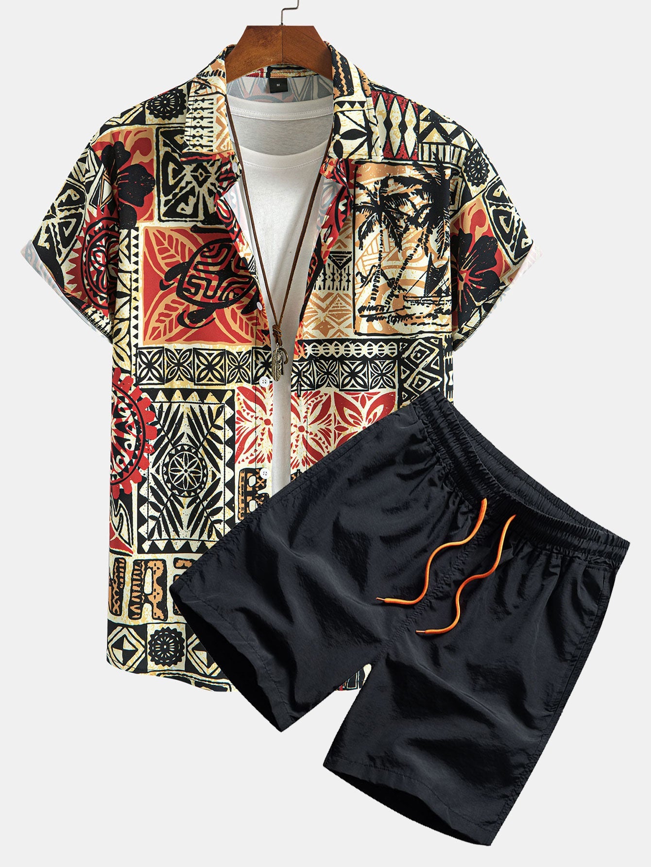 Palm Tree Turtle Ethnic Geometry Print Button Up Shirt & Swim Shorts
