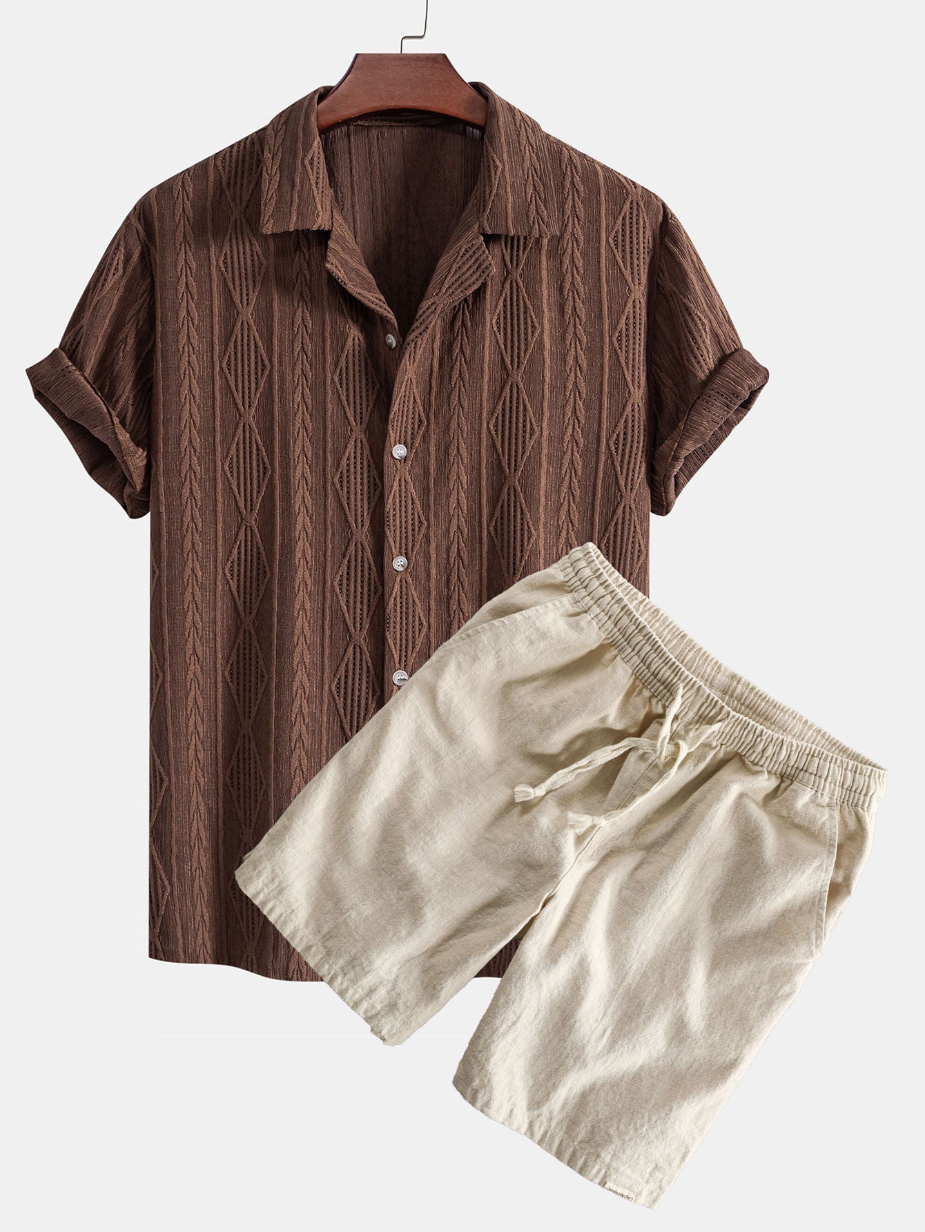 Geometric Jacquard Eyelet Cuban Shirt & Linen Cotton Blend Shorts