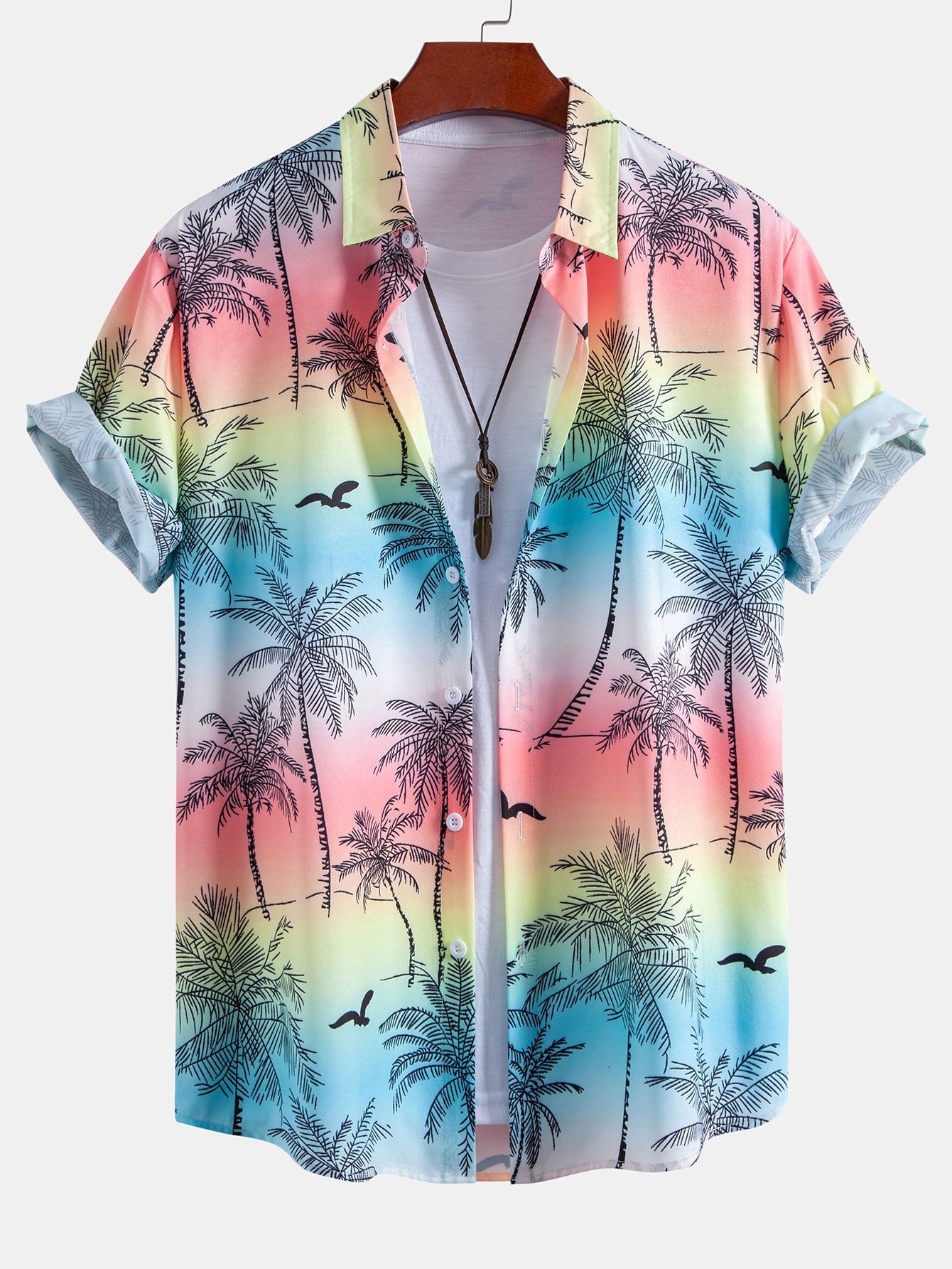 Palm Tree Seagull Print Button Up Shirt & Swim Shorts
