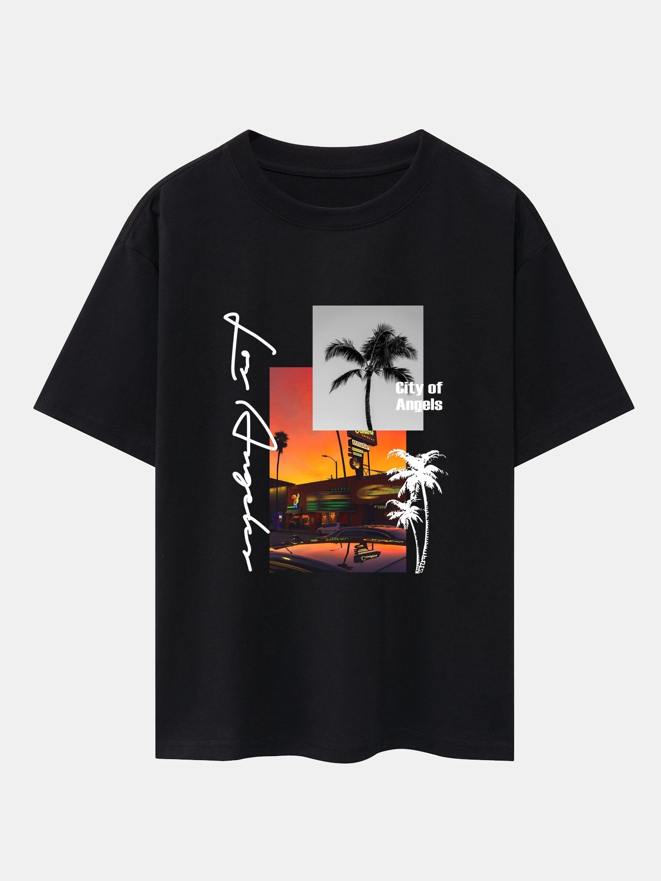 Los Angeles Scenery Print Drop Shoulder Oversize T-Shirt & Swim Shorts